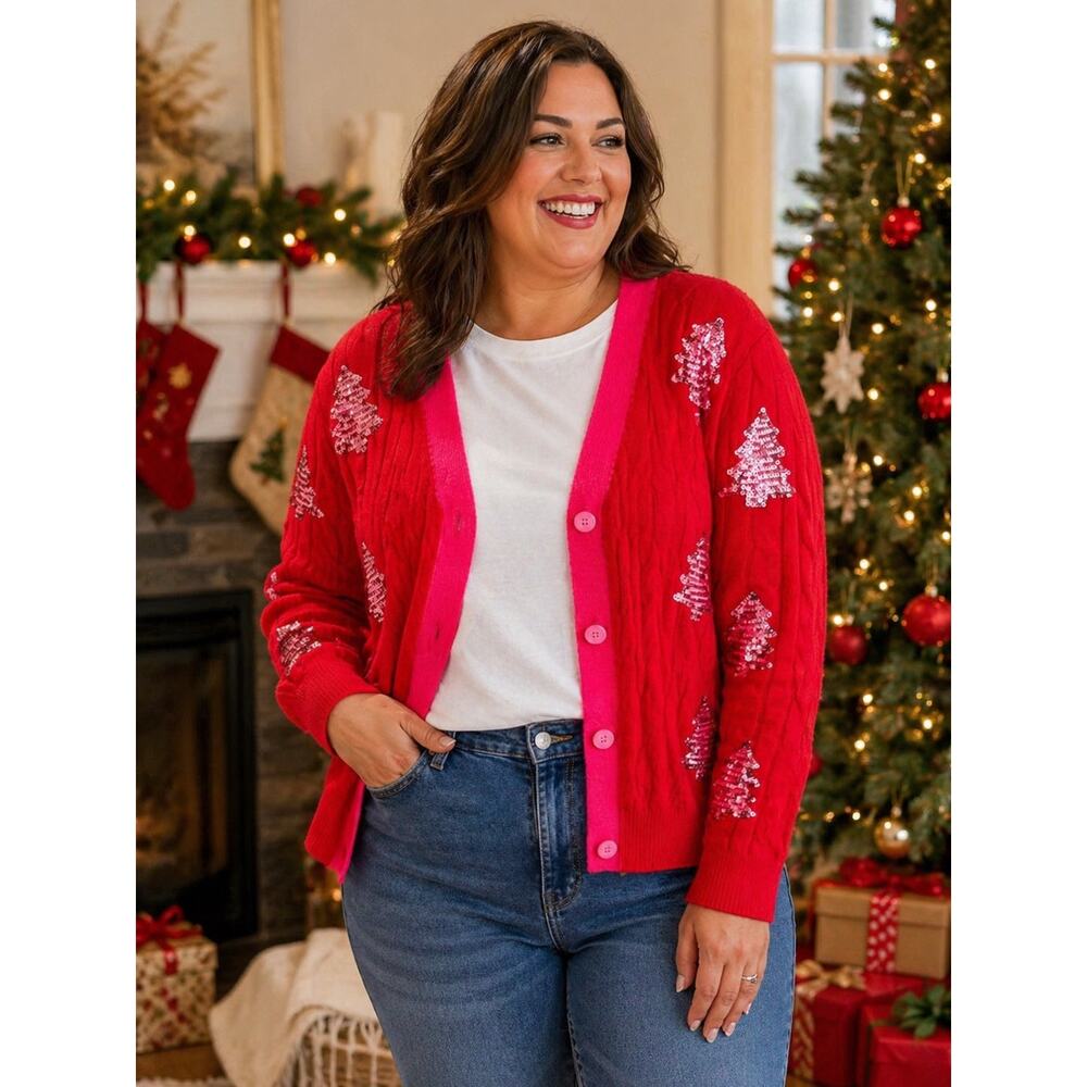 NEW Southern Grace Pink Red‎ Christmas Tree Cardigan Cozy Holiday Knit Sweater